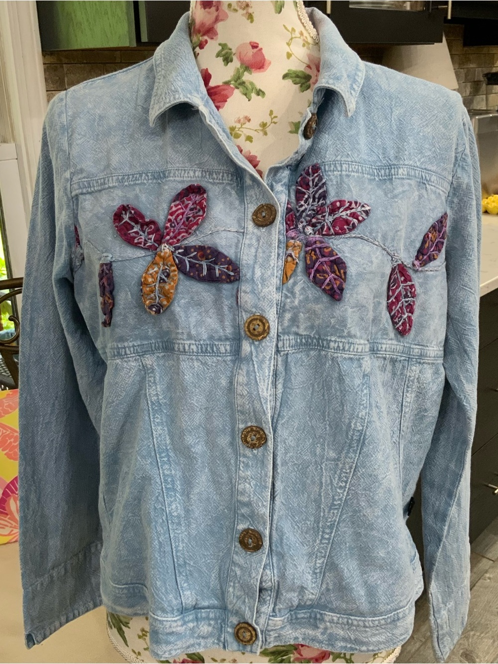 Produce Company Denim Jacket Vtg Embroidered Floral Appliqué Art To Wear Size M